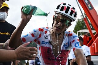 COL DE LA COUILLOLE FRANCE JULY 20 Richard Carapaz of Ecuador and Team EF Education EasyPost Polka dot Mountain Jersey reacts after the 111th Tour de France 2024 Stage 20 a 1328km stage from Nice to Col de la Couillole 1676m UCIWT on July 20 2024 in Col de la Couillole France Photo by Marco Bertorello PoolGetty Images