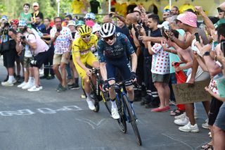 COL DE LA COUILLOLE FRANCE JULY 20 LR Tadej Pogacar of Slovenia and UAE Team Emirates Yellow Leader Jersey and Jonas Vingegaard Hansen of Denmark and Team Visma Lease a Bike compete in the chase group during the 111th Tour de France 2024 Stage 20 a 1328km stage from Nice to Col de la Couillole 1676m UCIWT on July 20 2024 in Col de la Couillole France Photo by Dario BelingheriGetty Images