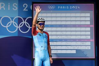 PARIS FRANCE AUGUST 03 Jambaljamts Sainbayar of Team Mongolia prior to the Mens Road Race on day eight of the Olympic Games Paris 2024 at trocadero on August 03 2024 in Paris France Photo by Tim de WaeleGetty Images