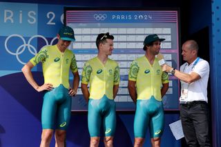 PARIS FRANCE AUGUST 03 Ben Oconnor Simon Clarke and Michael Matthews of Team Australia prior to the Mens Road Race on day eight of the Olympic Games Paris 2024 at trocadero on August 03 2024 in Paris France Photo by Tim de WaeleGetty Images