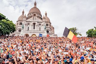 Paris, France - Men’s Road Race - Crowds line the street on the Côte De La Butte Montmartre outside Basilique du Sacré-Cœur de Montmartre