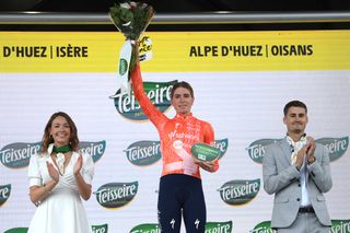 ALPE DHUEZ FRANCE AUGUST 18 Demi Vollering of The Netherlands and Team SD Worx Protime celebrates at podium as stage winner during the 3rd Tour de France Femmes 2024 Stage 8 a 1499km stage from Le GrandBornand to Alpe dHuez 1828m UCIWWT on August 18 2024 in Alpe dHuez France Photo by Alex BroadwayGetty Images