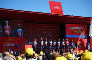 LOUSA PORTUGAL AUGUST 19 A general view of Mauro Schmid of Switzerland Alessandro De Marchi of Italy Felix Engelhardt of Germany Filippo Zana of Italy Welay Hagos Berhe of Ethiopia Eddie Dunbar of Ireland Callum Scotson of Australia Chris Harper of Australia and Team Jayco AlUla prior to the La Vuelta 79th Tour of Spain 2024 Stage 3 a 1915km stage from Lousa to Castelo Branco UCIWT on August 19 2024 in Lousa Portugal Photo by Dario BelingheriGetty Images