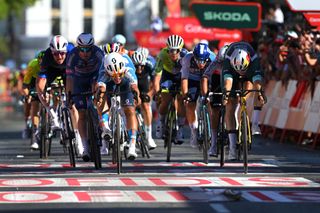 SEVILLE SPAIN AUGUST 21 LR Stage winner Pavel Bittner of Czech Republic and Team dsmFirmenich PostNL and Wout van Aert of Belgium and Team Visma Lease a Bike Green Points Jersey sprint at finish line during La Vuelta 79th Tour of Spain 2024 Stage 5 a 177km stage Fuente del Maestre to Seville UCIWT on August 21 2024 in Seville Spain Photo by Tim de WaeleGetty Images