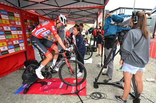 PUERTO DE ANCARES SPAIN AUGUST 30 Ben OConnor of Australia and Team Decathlon AG2R La Mondiale Red Leader Jersey cooling down after the La Vuelta 79th Tour of Spain 2024 Stage 13 a 176km stage from Lugo to Puerto de Ancares 1659m UCIWT on August 30 2024 in Puerto de Ancares Spain Photo by Tim de WaeleGetty Images