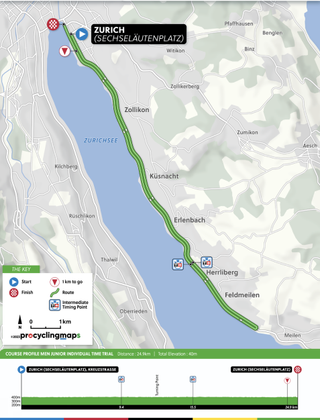 Course map and profile of the Men's Junior ITT at the Zurich UCI Road World Championships 2024