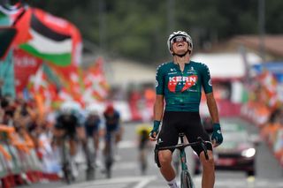 Team Kern Pharma's Urko Berrade celebrates after crossing the finish line of the stage 18 of the Vuelta a Espana, a 179,5 km race between Vitoria-Gasteiz and Maeztu, on September 5, 2024. (Photo by Ander Gillenea / AFP)