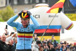 Belgium's Lotte Kopecky crosses the finish line and wins the women's Elite Road Race cycling event during the UCI 2024 Road World Championships, in Zurich, on September 28, 2024. (Photo by Fabrice COFFRINI / AFP)