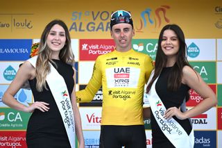 TAVIRA PORTUGAL FEBRUARY 21 Jan Christen of Switzerland and UAE Team Emirates XRG Yellow Leader Jersey celebrates at podium winner during the 51st Volta ao Algarve em Bicicleta Stage 3 a 1835km stage from Vila Real Santo Antonio to Tavira on February 21 2025 in Tavira Portugal Photo by Tim de WaeleGetty Images