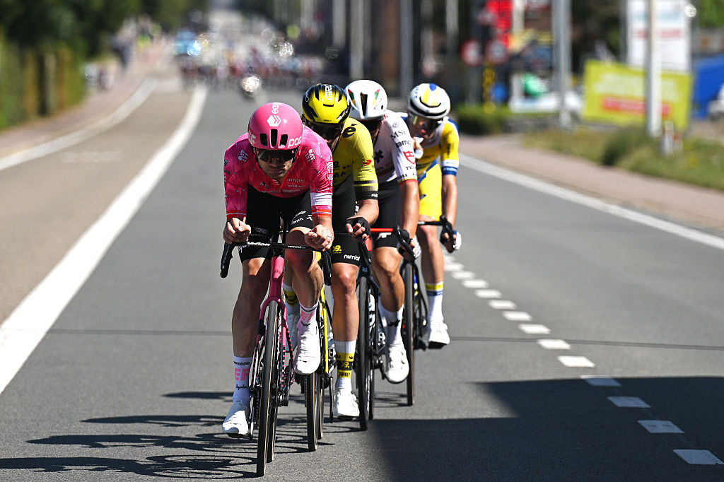 LEUVEN, BELGIUM - AUGUST 24: Kasper Asgreen of Denmark and Team EF Education - EasyPost competes in the breakaway during the 20th Renewi Tour 2025, Stage 5 a 184.7km stage from Leuven to Leuven / #UCIWT / on August 24, 2025 in Leuven, Belgium. (Photo by Luc Claessen/Getty Images)