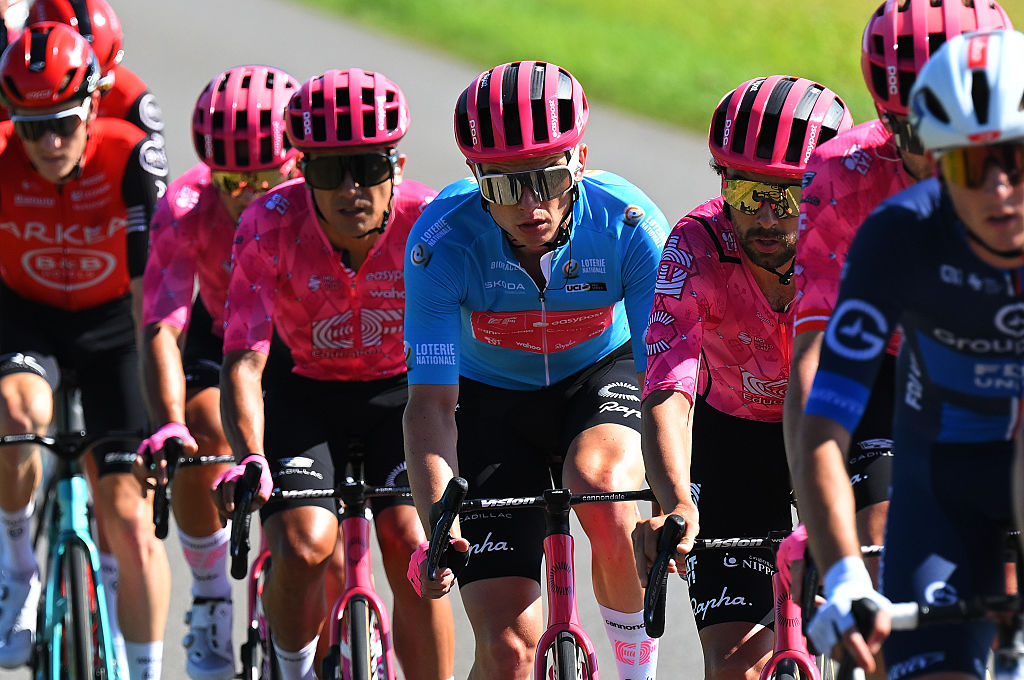 Marijn van den Berg rides in the Blue Sprint Jersey for EF Education - EasyPost during stage 2