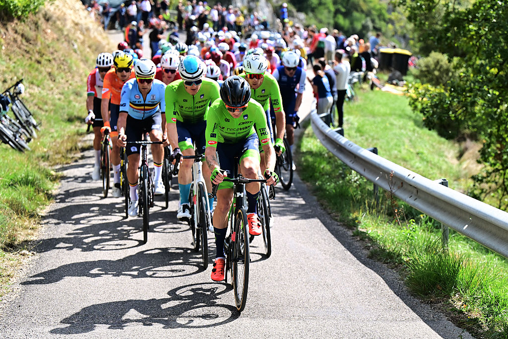 GUILHERAND-GRANGES, FRANCE - OCTOBER 05: Mihael Stajnar and Team Slovenia with teammates lead the peloton during the 31st UEC Road Cycling European Championships 2025 - Men's Elite Road Race a 202.5km race from Privas to Guilherand-Granges on October 05, 2025 in Guilherand-Granges, France. (Photo by Billy Ceusters/Getty Images)