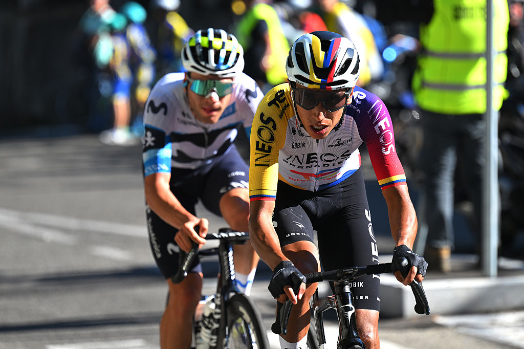 VARESE, ITALY - OCTOBER 07: (L-R) Lorenzo Milesi of Italy and Movistar Team and Egan Bernal of Colombia and Team INEOS Grenadiers compete in the breakaway during the 104th Tre Valli Varesine 2025 a 200.3km one day race from Busto Arsizio to Varese on October 07, 2025 in Varese, Italy.  (Photo by Tim de Waele/Getty Images)