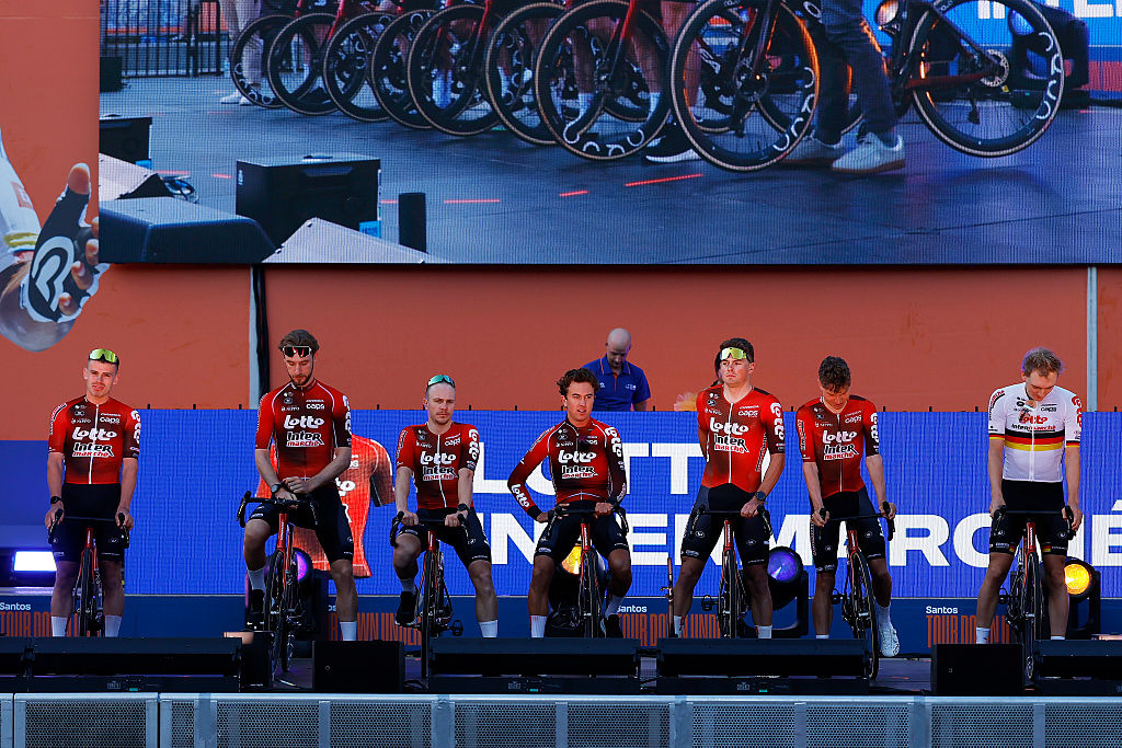 ADELAIDE, AUSTRALIA - JANUARY 16: A general view of Matthew Fox of Australia, Jonas Rutsch of Germany, Lionel Taminiaux of Belgium, Reuben Thompson of New Zealand, Taco van der Hoorn of Netherlands, Lennert van Eetvelt of Belgium, Georg Zimmermann of Germany, Baptiste Veistroffer of France and Team Lotto Intermarche during the 26th Santos Tour Down Under 2026, Team Presentation on January 16, 2026 in Adelaide, Australia. (Photo by Con Chronis/Getty Images)