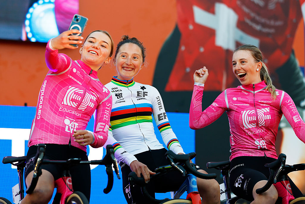 ADELAIDE, AUSTRALIA - JANUARY 16: (L-R) Noemi Ruegg of Switzerland, Magdeleine Vallieres of Canada and Henrietta Christie of New Zealand and Team EF Education-Oatly during the 26th Santos Tour Down Under 2026, Team Presentation on January 16, 2026 in Adelaide, Australia. (Photo by Con Chronis/Getty Images)