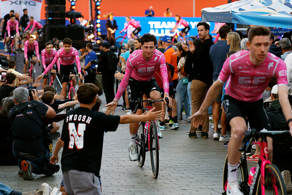 ADELAIDE, AUSTRALIA - JANUARY 16: Harry Sweeny of Australia and Team EF Education - EasyPost during the 26th Santos Tour Down Under 2026, Team Presentation on January 16, 2026 in Adelaide, Australia. (Photo by Con Chronis/Getty Images)