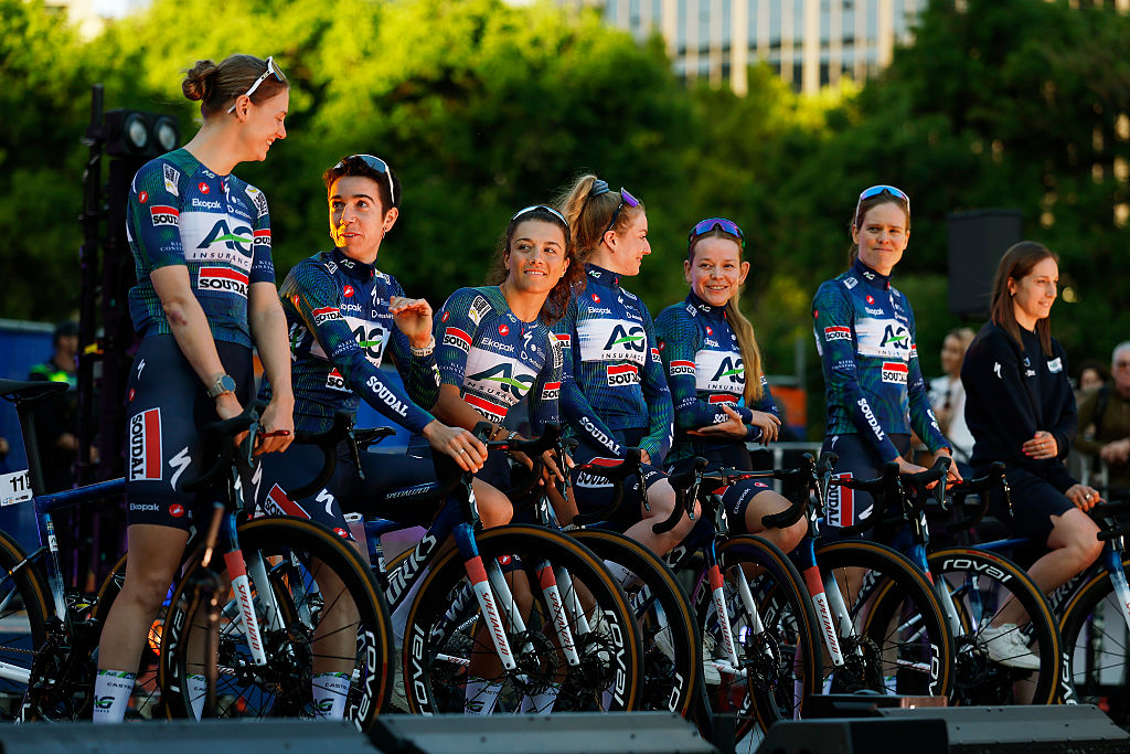 ADELAIDE, AUSTRALIA - JANUARY 16: A general view of Fauve Bastiaenssen of Belgium, Mireia Benito of Spain, Anya Louw of Australia, Alexandra Manly of Australia, Nicole Steigenga of Netherlands, Julie Van de Velde of Belgium and Team AG Insurance - Soudal during the 26th Santos Tour Down Under 2026, Team Presentation on January 16, 2026 in Adelaide, Australia. (Photo by Con Chronis/Getty Images)