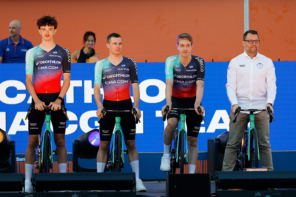 ADELAIDE, AUSTRALIA - JANUARY 16: (L-R) Antoine L'Hote of France, Nicolas Prodhomme of France and Callum Scotson of Australia and Decathlon CMA CGM Team during the 26th Santos Tour Down Under 2026, Team Presentation on January 16, 2026 in Adelaide, Australia. (Photo by Con Chronis/Getty Images)