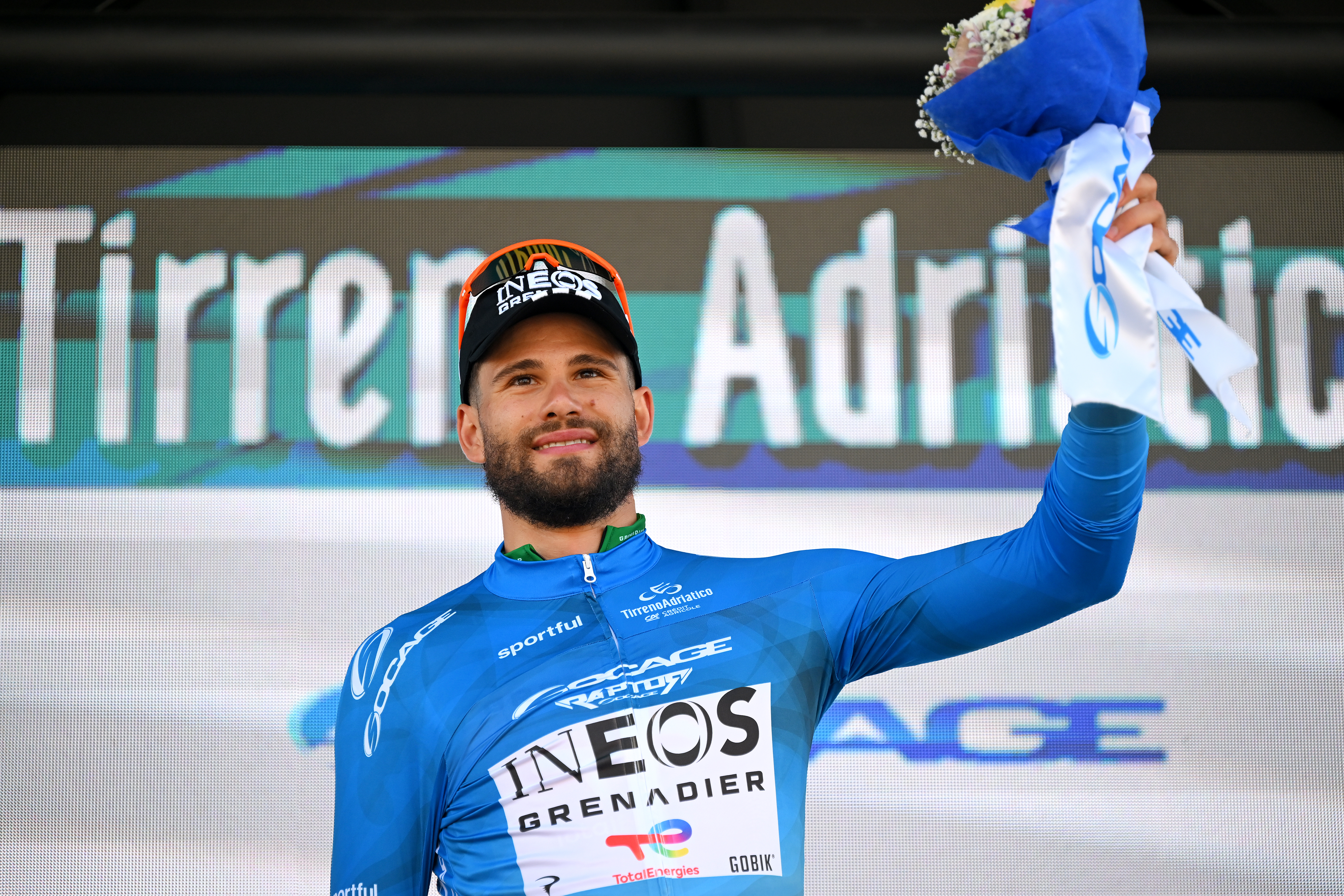 Filippo Ganna in the blue leader's jersey after stage one of Tirreno-Adriatico 2026