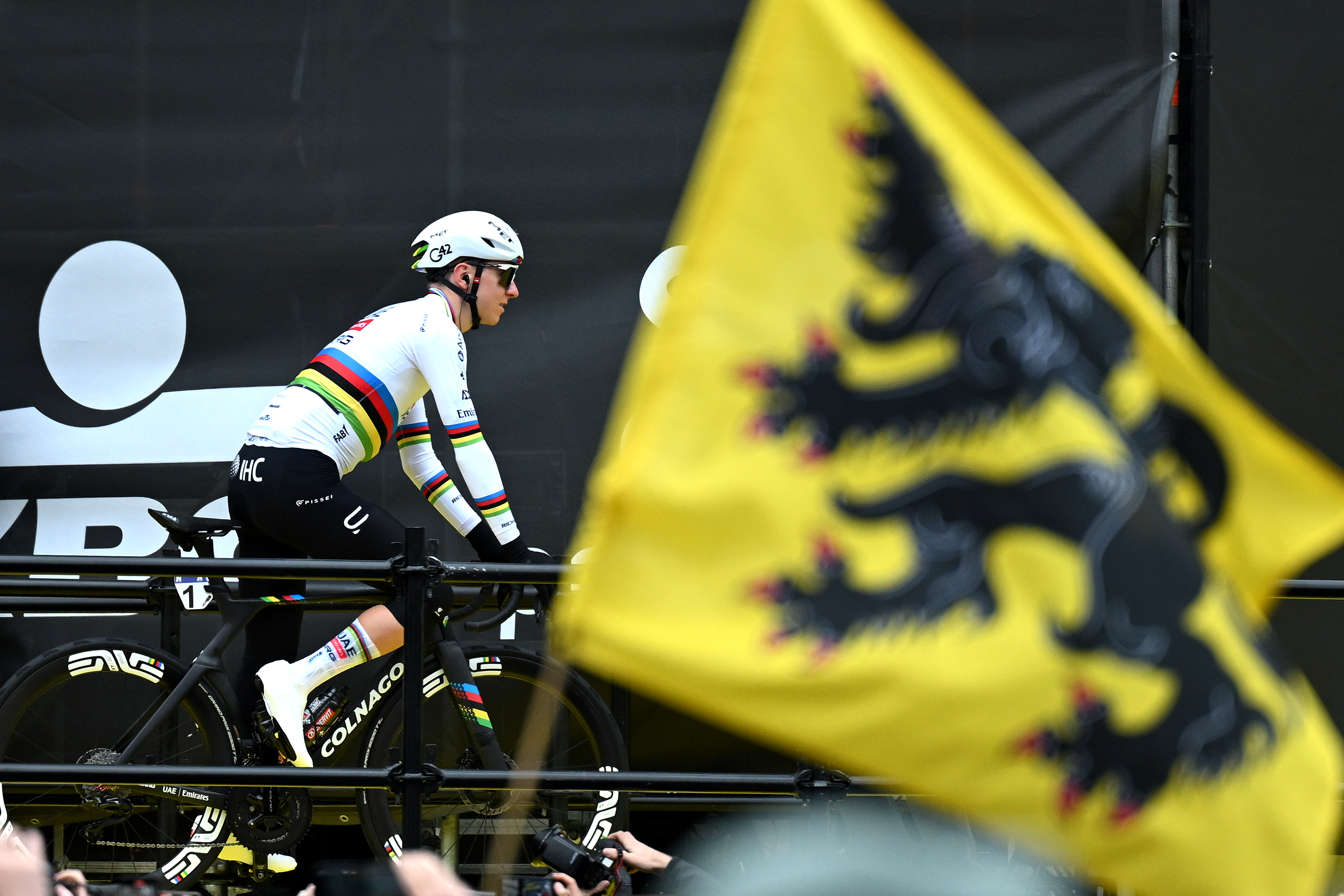ANTWERP, BELGIUM - APRIL 05: Tadej Pogacar of Slovenia and UAE Team Emirates - XRG prior to the 110th Tour of Flanders - Ronde van Vlaanderen 2026 - Men's Elite a 278.6km one day race from Antwerp to Oudenaarde / #UCIWT / on April 05, 2026 in Antwerp, Belgium. (Photo by Dario Belingheri/Getty Images)