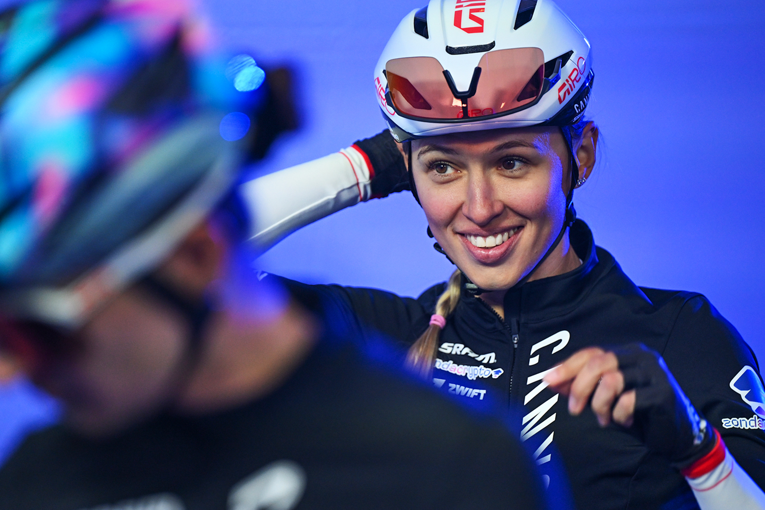 Kasia Niewiadoma-Phinney on stage at the team presentation of Omloop Het Nieuwsblad 2026