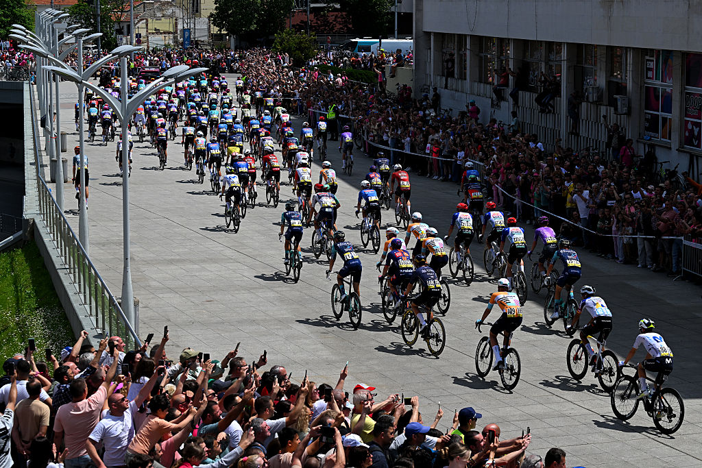PLOVDIV, BULGARIA - MAY 10: A general view of the peloton prior to the 109th Giro d'Italia 2026, Stage 3 a 175km stage from Plovdiv to Sofia / #UCIWT / on May 10, 2026 in Plovdiv, Bulgaria. (Photo by Tim de Waele/Getty Images)