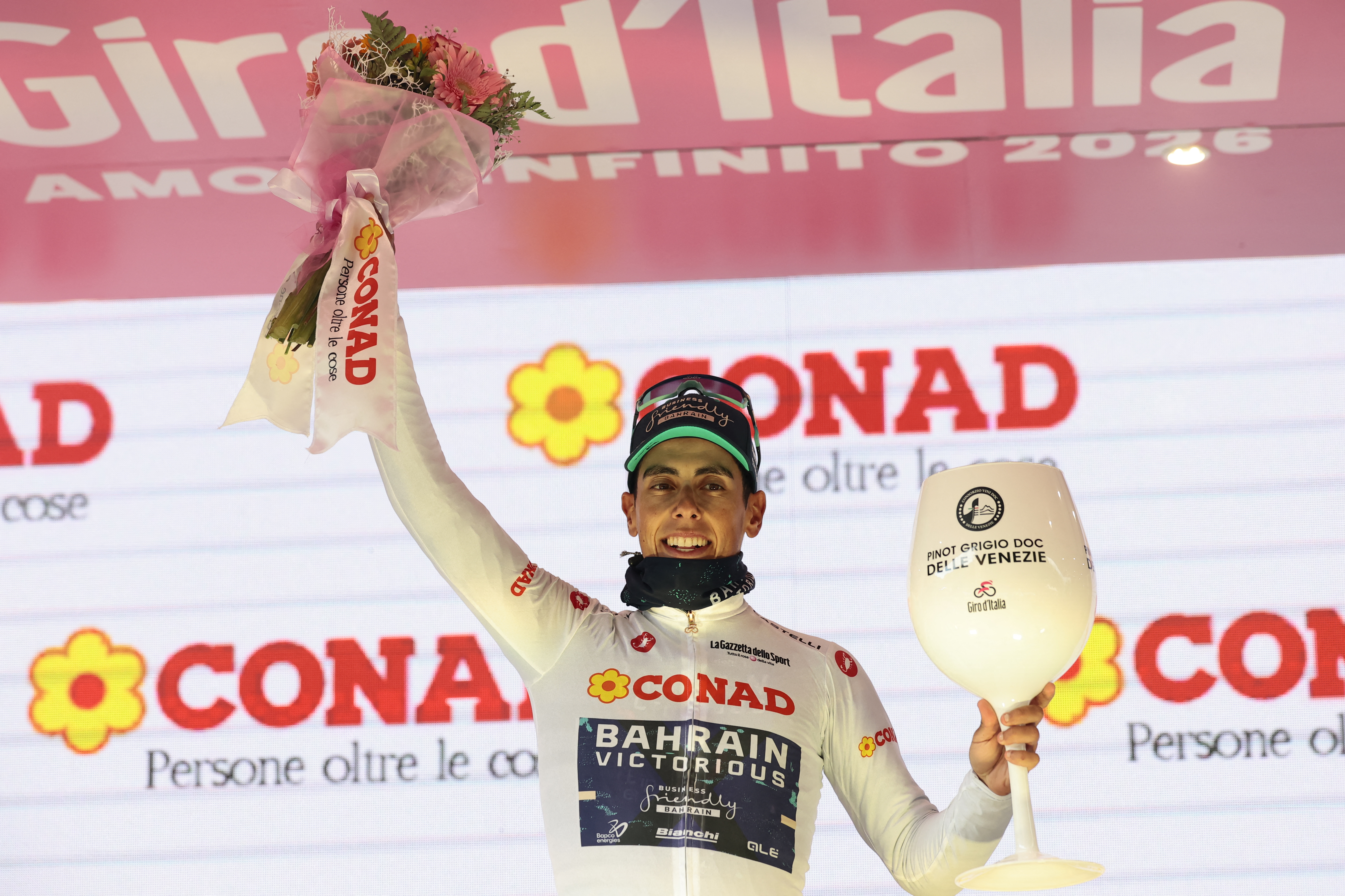 CORNO ALLE SCALE, ITALY - MAY 17: Jonas Vingegaard of Denmark and Team Visma | Lease a Bike celebrates at podium as Blue Mountain Jersey winner during the 109th Giro d'Italia 2026, Stage 9 a 184km stage from Cervia to Corno alle Scale 1469m / #UCIWT / on May 17, 2026 in Corno alle Scale, Italy. (Photo by Tim de Waele/Getty Images)