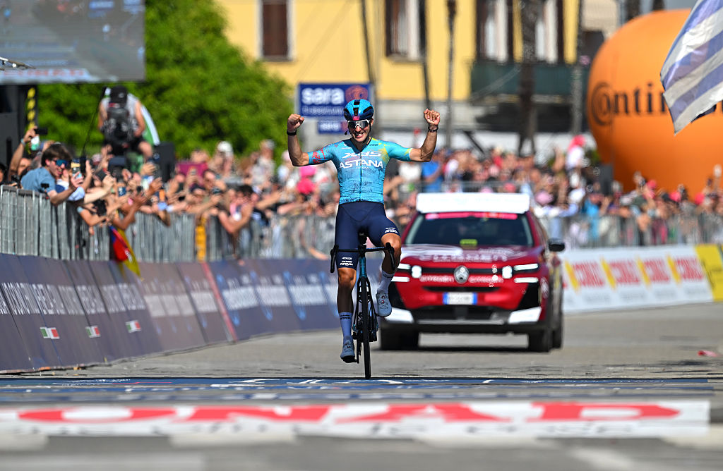 VERBANIA, ITALY - MAY 22: Alberto Bettiol of Italy and Team XDS Astana celebrates at finish line as stage winner during the 109th Giro d'Italia 2026, Stage 13 a 189km stage from Alessandria to Verbania / #UCIWT / on May 22, 2026 in Verbania, Italy. (Photo by Tim de Waele/Getty Images)