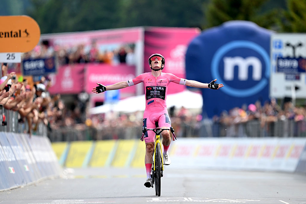 PIANCAVALLO, ITALY - MAY 30: Jonas Vingegaard of Denmark and Team Visma | Lease a Bike celebrates at finish line as stage and final overall winner during the 109th Giro d'Italia 2026, Stage 20 a 200km stage from Gemona del Friuli to Piancavallo 1289m / #UCIWT / on May 30, 2026 in Piancavallo, Italy. (Photo by Dario Belingheri/Getty Images)