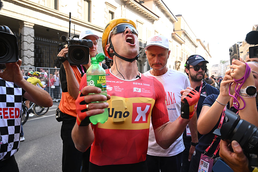 MILAN, ITALY - MAY 24: Stage winner Fredrik Dversnes Lavik of Norway and Team Uno-X Mobility reacts after the 109th Giro d'Italia 2026, Stage 15 a 157km stage from Voghera to Milan / #UCIWT / on May 24, 2026 in Milan, Italy. (Photo by Dario Belingheri/Getty Images)