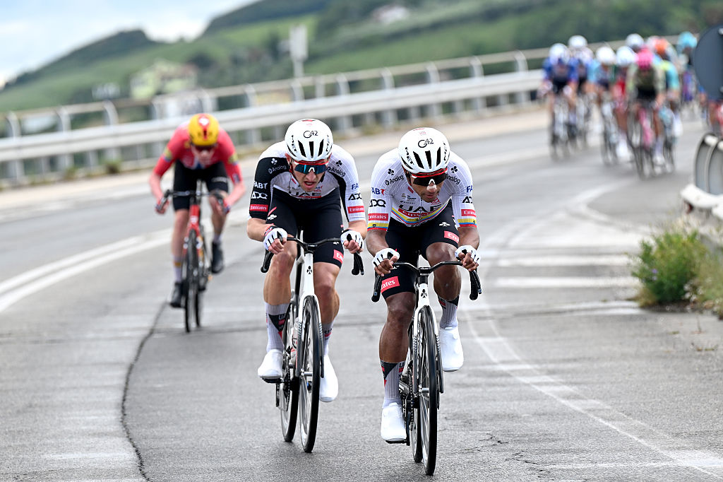 FERMO, ITALY - MAY 16: (L-R) Andreas Leknessund of Norway and Team Uno-X Mobility, Mikkel Bjerg of Denmark and Jhonatan Narvaez of Ecuador and compete in the breakaway during the 109th Giro d'Italia 2026, Stage 8 a 156km stage from Chieti to Fermo 315m / #UCIWT / on May 16, 2026 in Fermo, Italy. (Photo by Tim de Waele/Getty Images)
