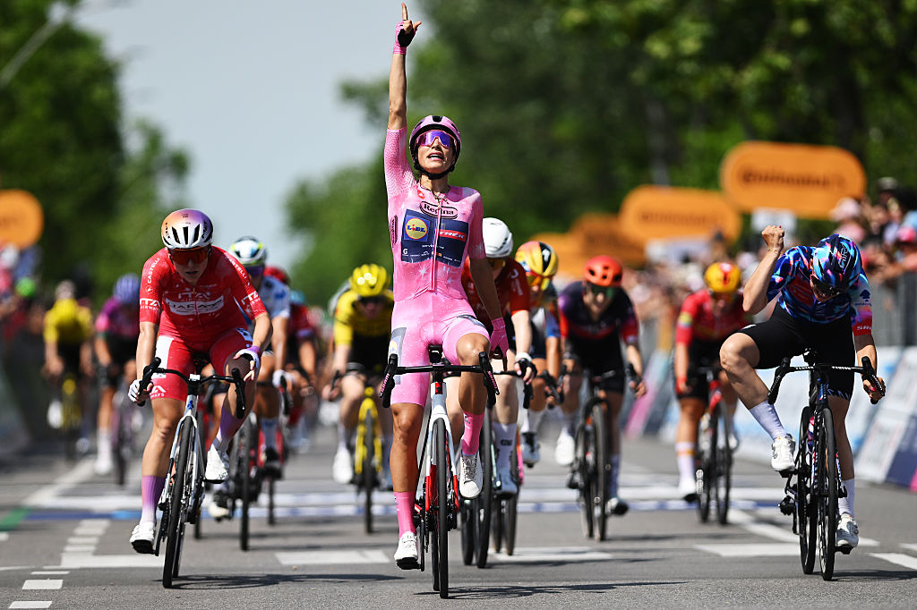 CAORLE, ITALY - MAY 31: Elisa Balsamo of Italy and Team Lidl - Trek - Pink Leader Jersey (C) celebrates at finish line as stage winner ahead of (L-R) Lara Gillespie of Ireland and UAE Team ADQ - Red Sprint Jersey and Chiara Consonni of Italy and Team CANYON//SRAM zondacrypto during the 37th Giro d'Italia Women 2026, Stage 2 a 156km stage from Roncade to Caorle / #UCIWWT / on May 31, 2026 in Caorle, Italy. (Photo by Luc Claessen/Getty Images)