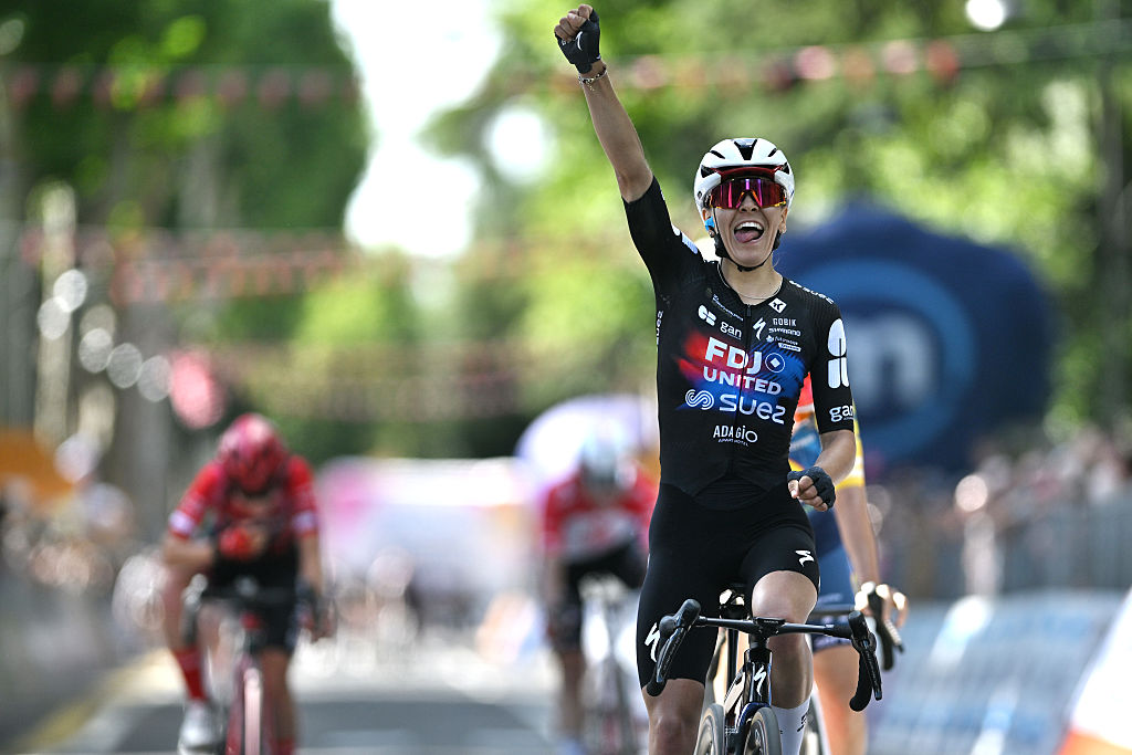 SALICE TERME, ITALY - JUNE 05: Celia Gery of France and Team FDJ United - SUEZ celebrates at finish line as stage winner during the 37th Giro d'Italia Women 2026, Stage 7 a 159km stage from Sorbolo Mezzani to Salice Terme / #UCIWWT / on June 05, 2026 in Salice Terme, Italy. (Photo by Luc Claessen/Getty Images)