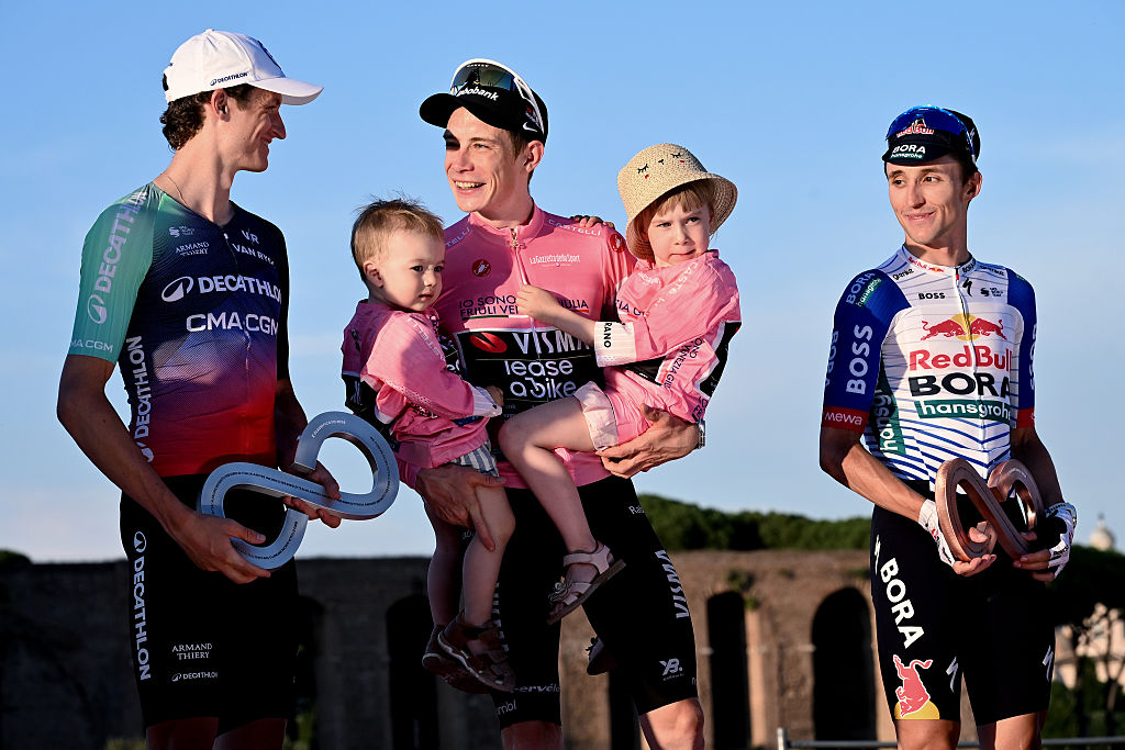 ROME, ITALY - MAY 31: Felix Gall of Austria second place, Jonas Vingegaard of Denmark first place and Jai Hindley of Australia thirt place during the award cerimony of 109th Giro d'Italia 2026, Stage 21 on May 31, 2026 in Rome, Italy. (Photo by Image Photo Agency/Getty Images)